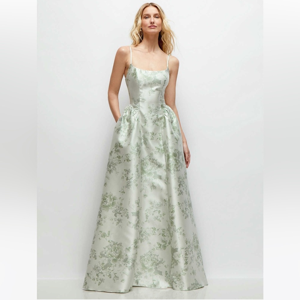 new Dessy Collection Jillian basque waist satin twill gown in sage cottage rose